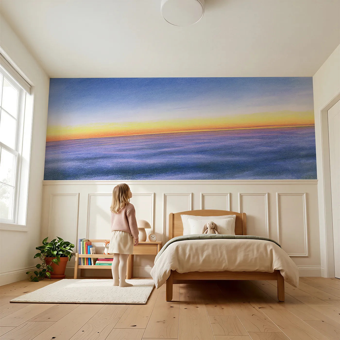 Child reading near The Quiet Blue Hour Wainscoting Wallpaper by Whimsy Tots
