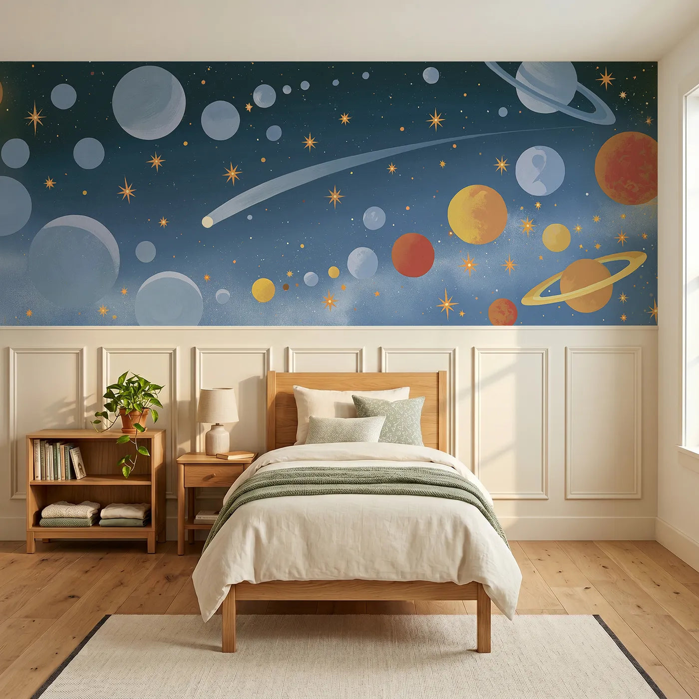 Modern illustration wainscoting wallpaper of a comet passing planets by Whimsy Tots
