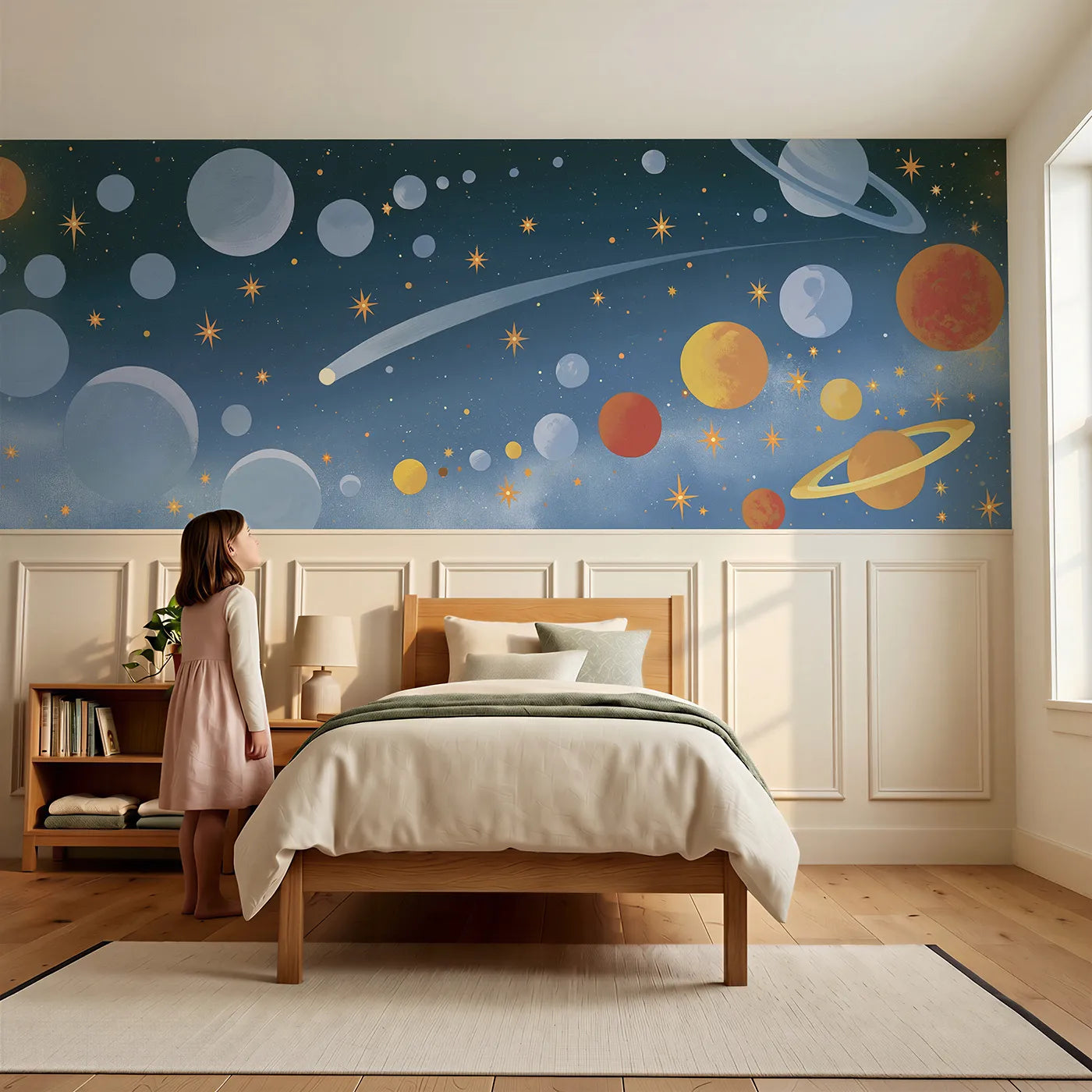 Child reading near Comet Past The Planets Wainscoting Wallpaper by Whimsy Tots