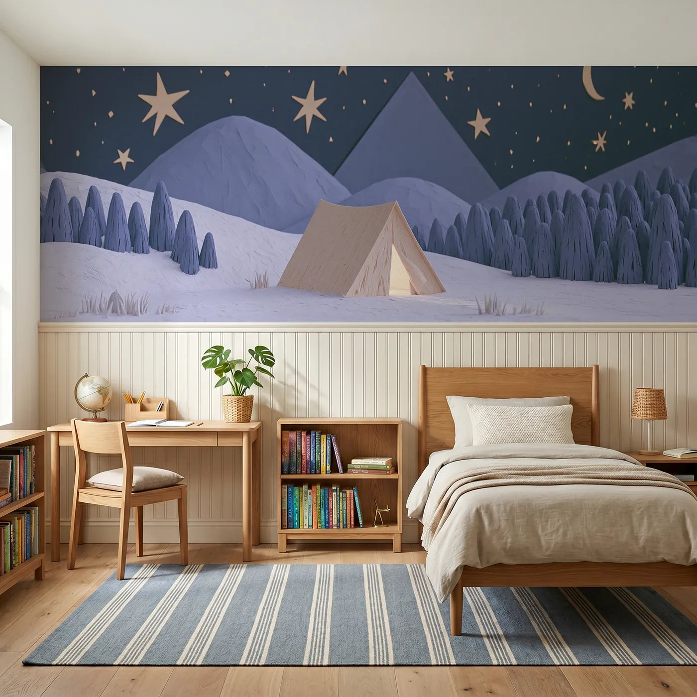 Block print wainscoting wallpaper of a carved tent under stars by Whimsy Tots