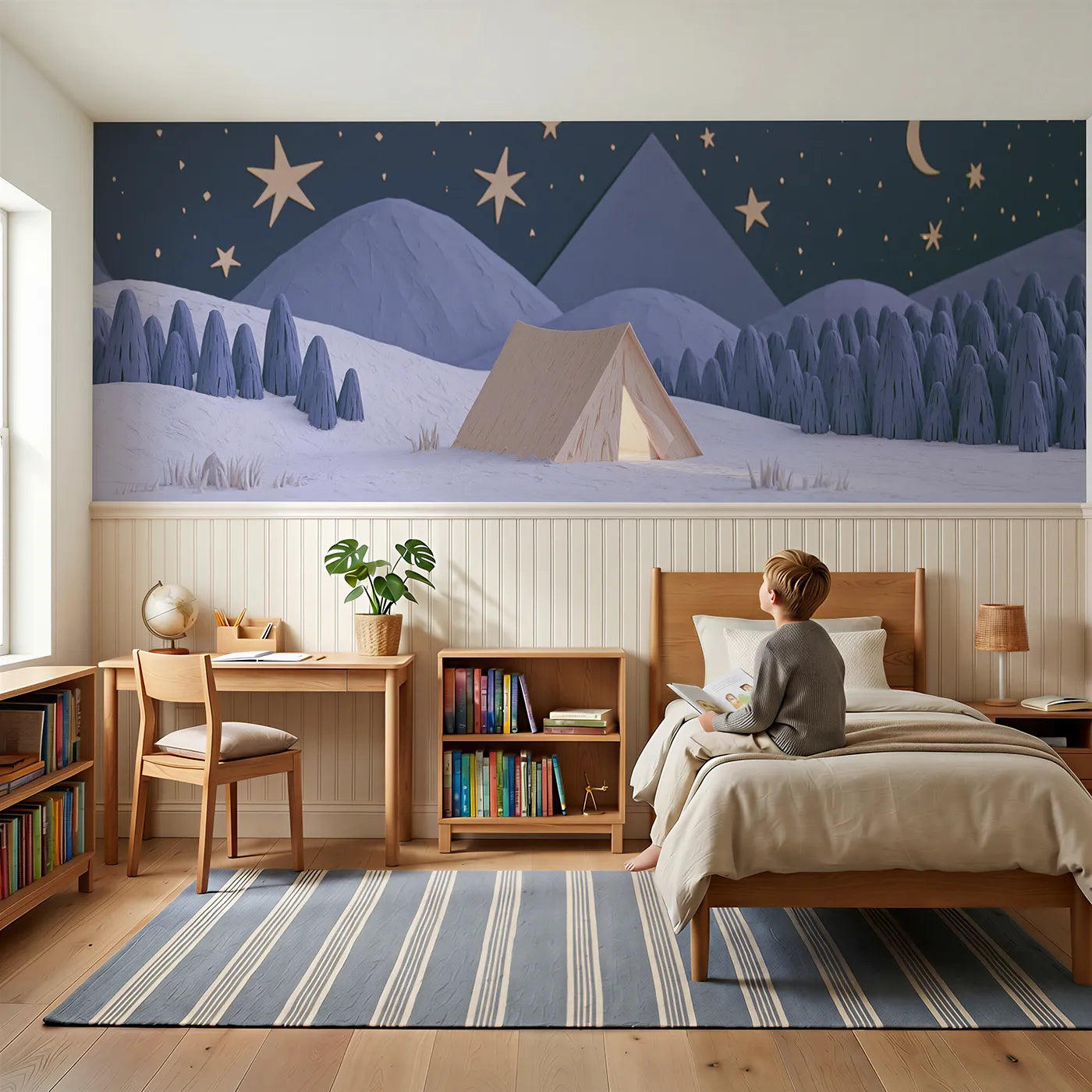 Child reading near Carved Tent Under Stars Wainscoting Wallpaper by Whimsy Tots