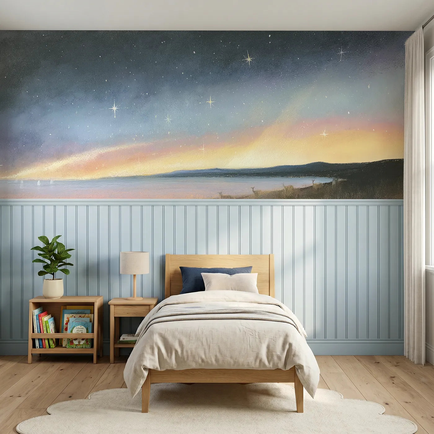 Colored pencil wainscoting wallpaper of last stars fading at sunrise by Whimsy Tots