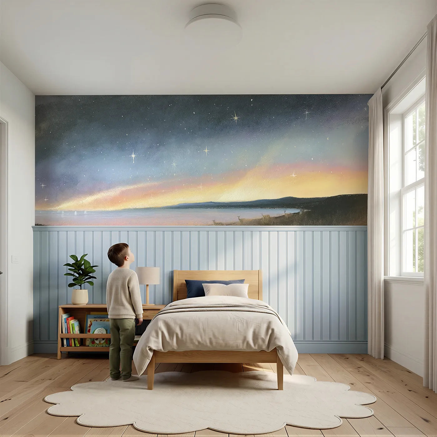 Child reading near Last Stars Before Sunrise Wainscoting Wallpaper by Whimsy Tots