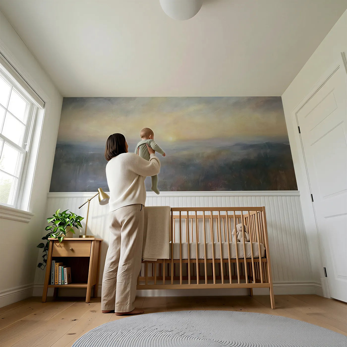 Child reading near Morning Star Through Mist Wainscoting Wallpaper by Whimsy Tots