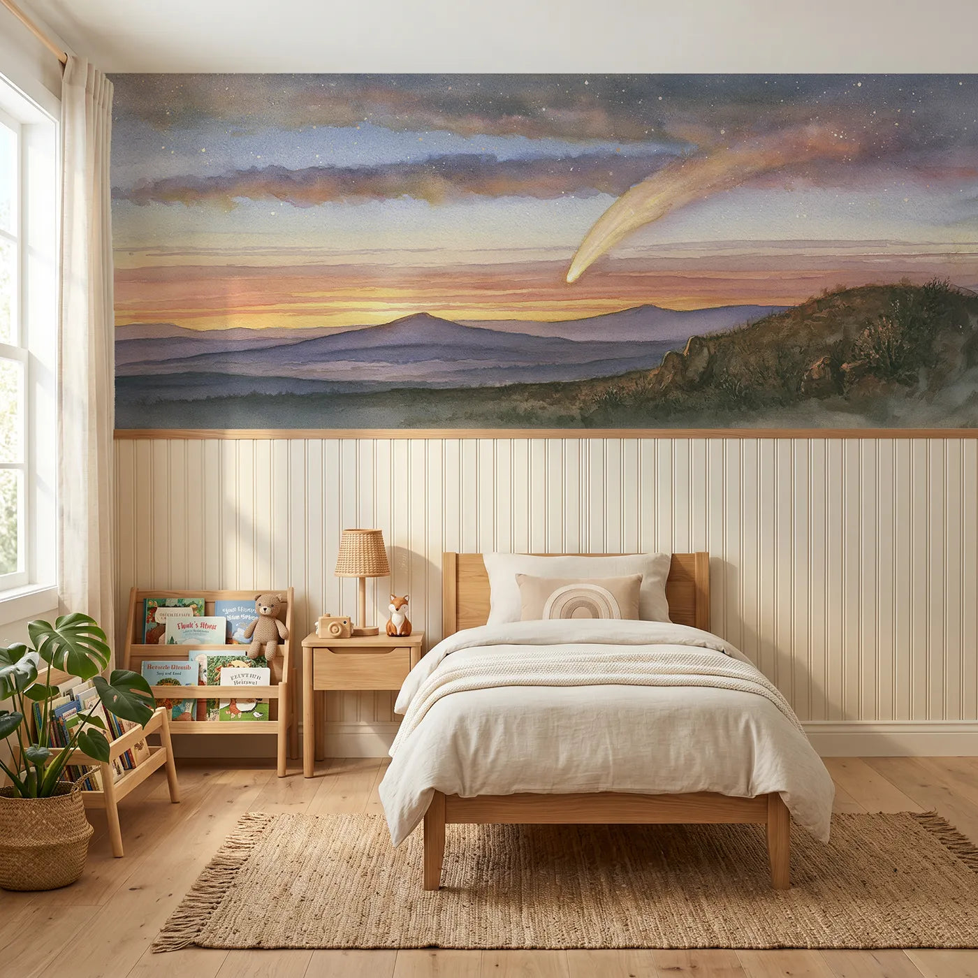 Storybook wainscoting wallpaper of a comet visiting at dusk by Whimsy Tots
