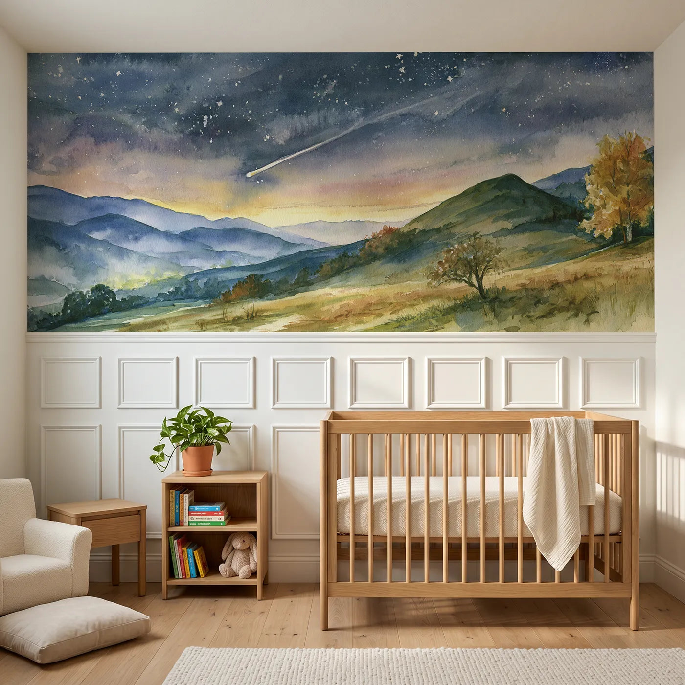 Watercolor wainscoting wallpaper of a shooting star over a hill by Whimsy Tots