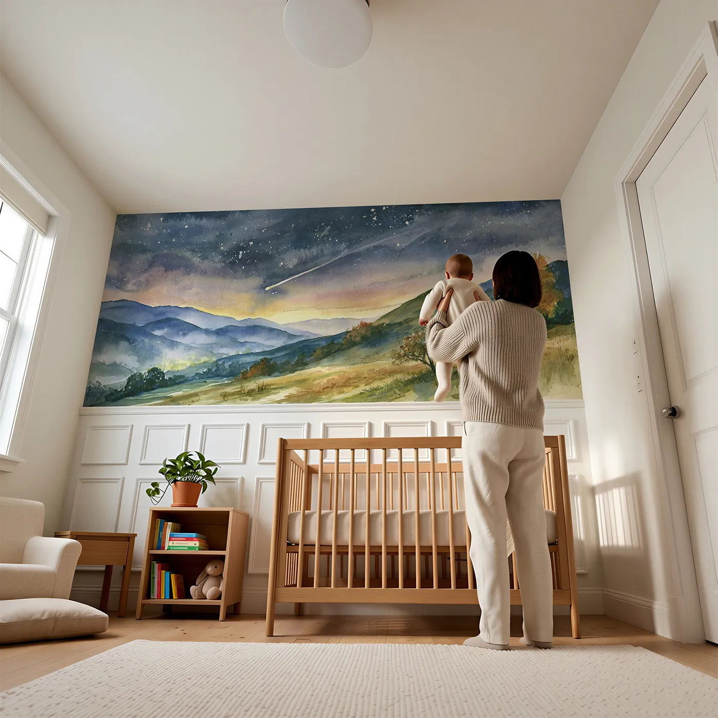 Child reading near Shooting Star Quiet Hill Wainscoting Wallpaper by Whimsy Tots