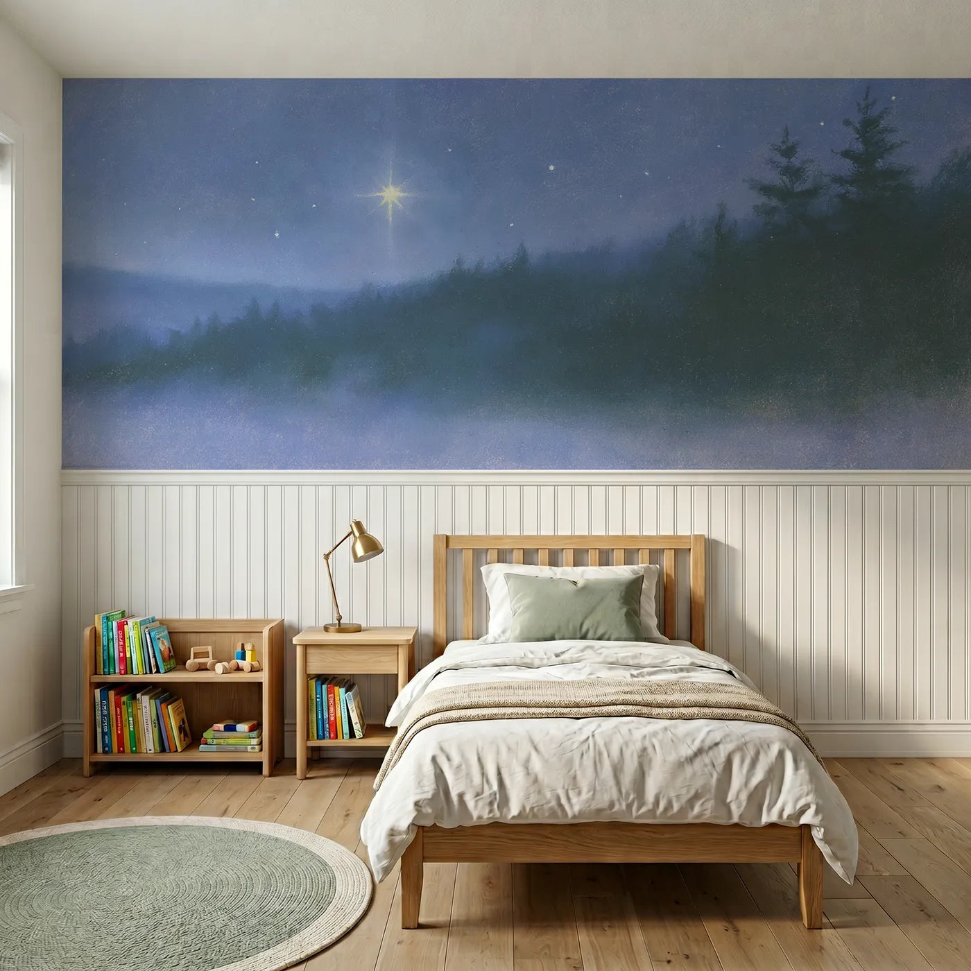 Soft pastel wainscoting wallpaper of the north star over pines by Whimsy Tots
