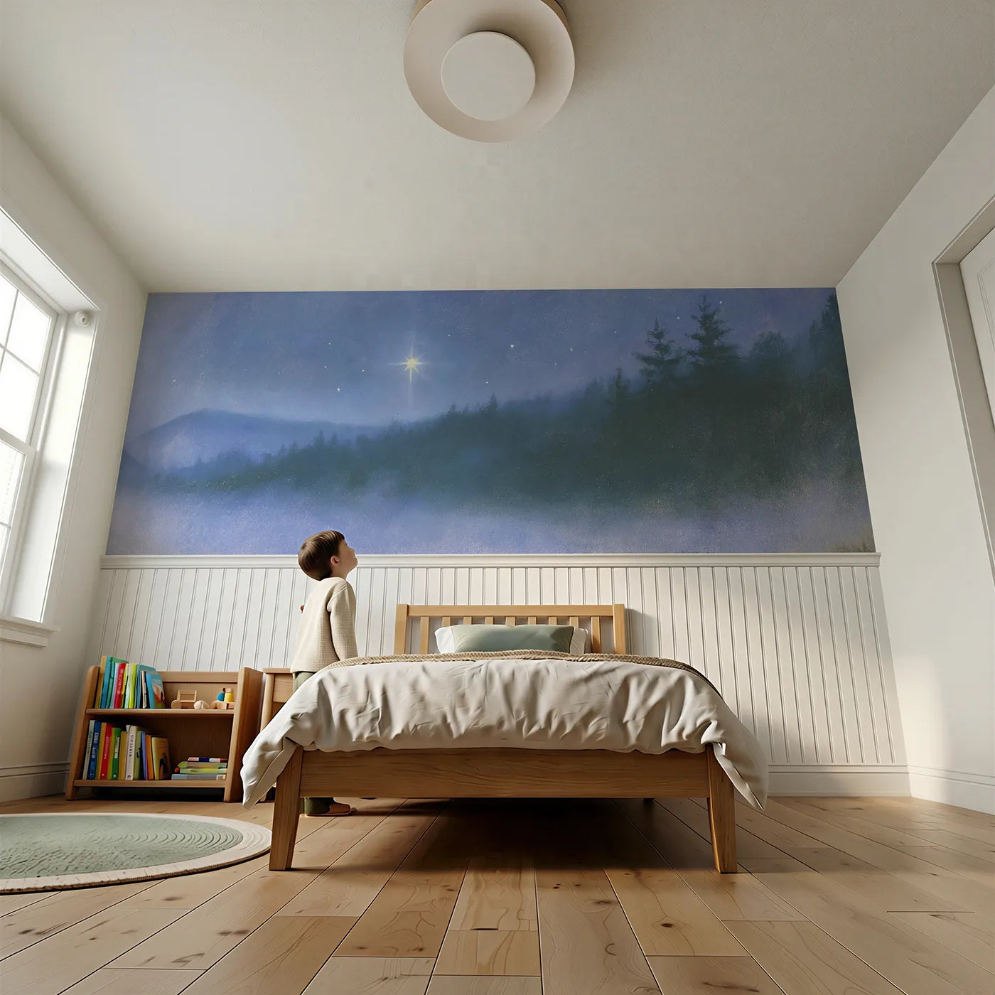 Child reading near North Star Steady Night Wainscoting Wallpaper by Whimsy Tots