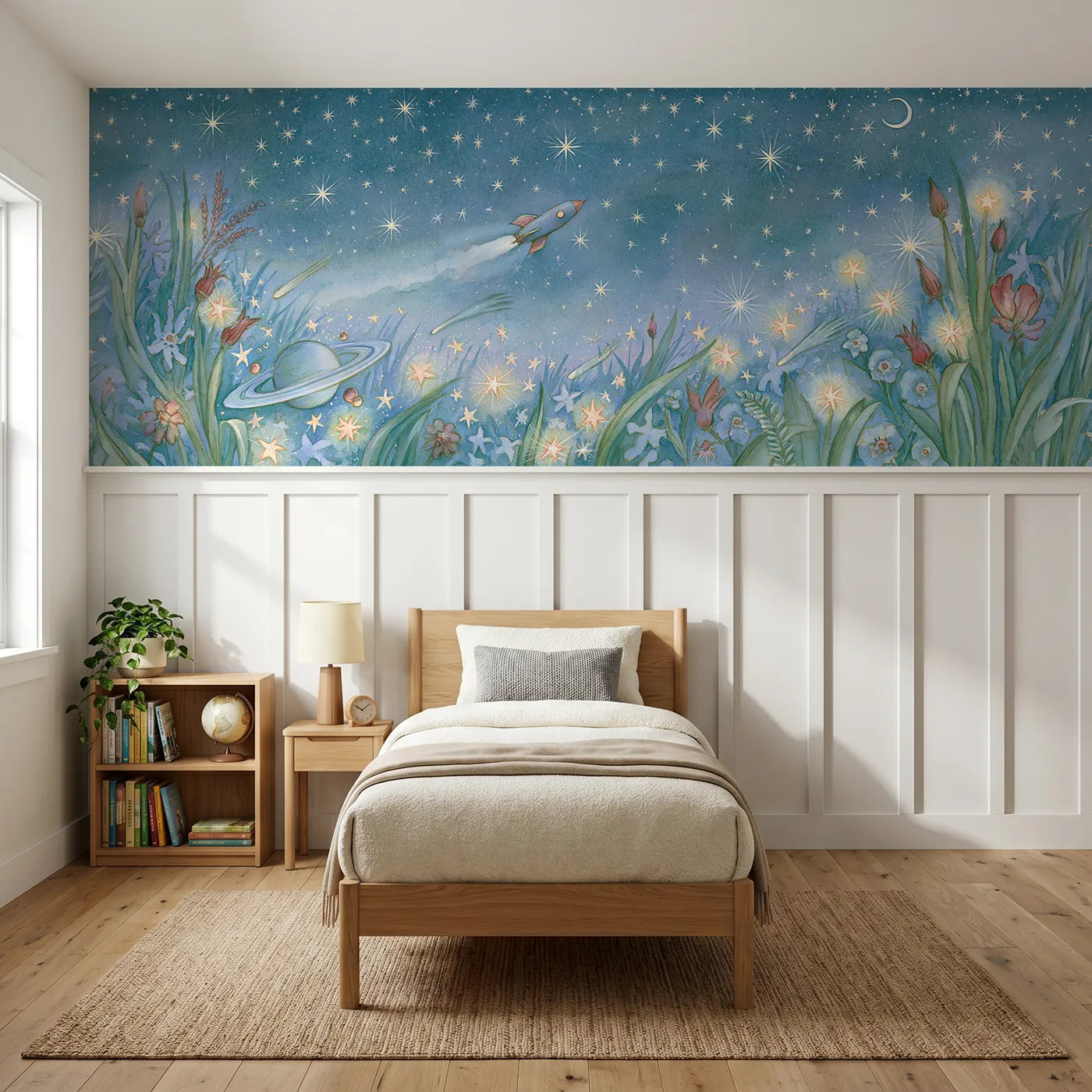 Storybook wainscoting wallpaper of a little rocket among the stars by Whimsy Tots