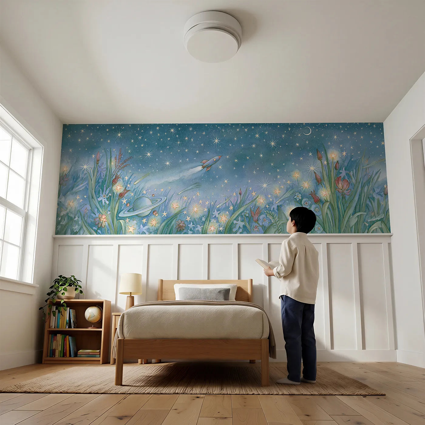 Child reading near Rocket Among The Stars Wainscoting Wallpaper by Whimsy Tots