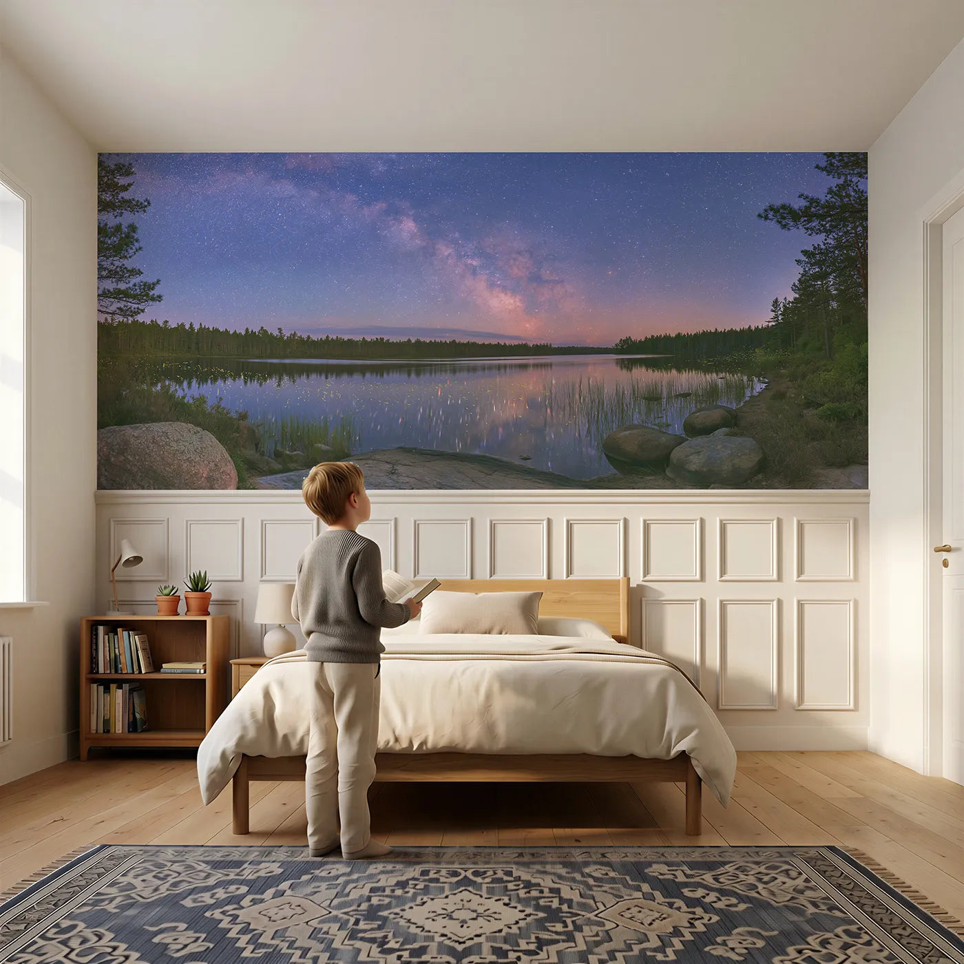 Child reading near The Northern Stars Wainscoting Wallpaper by Whimsy Tots