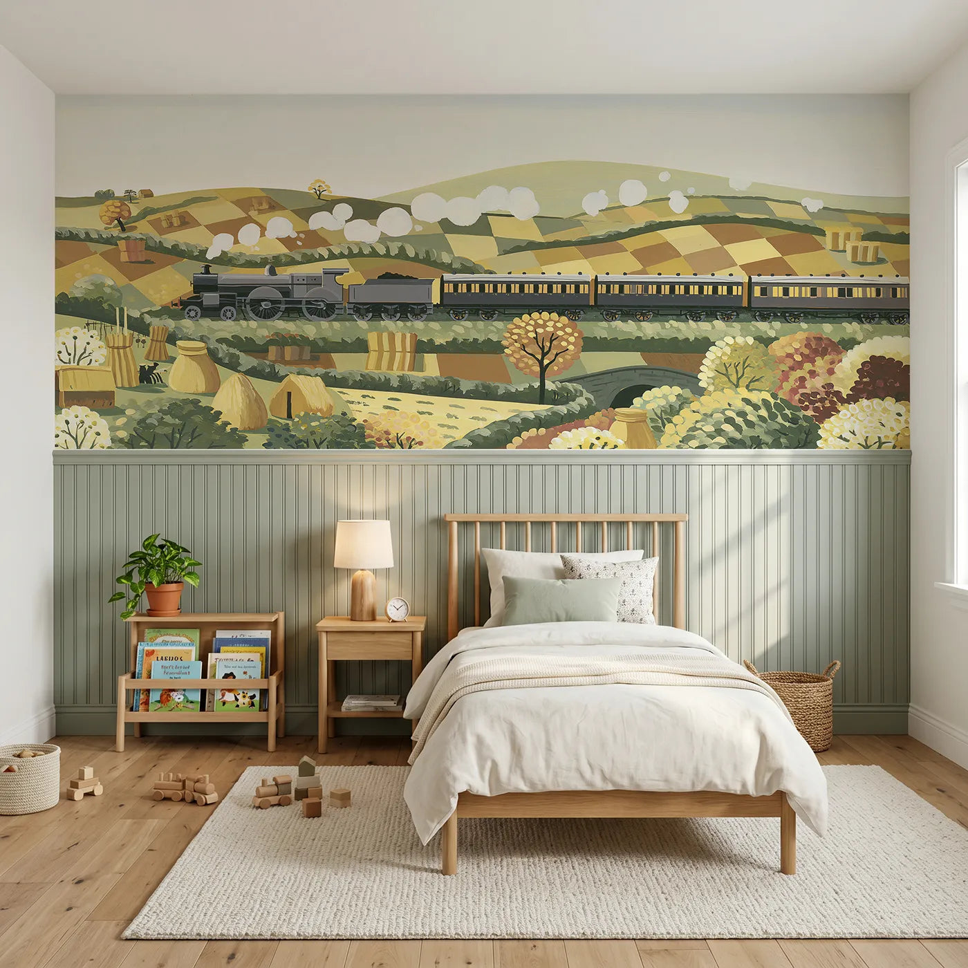 Modern illustration wainscoting wallpaper of a train crossing farmland by Whimsy Tots
