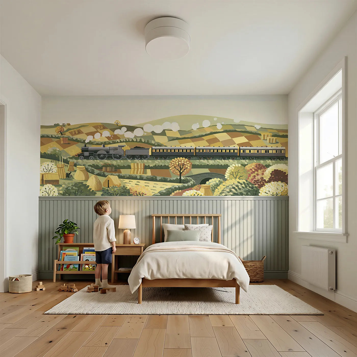Child reading near Train Across The Farmland Wainscoting Wallpaper by Whimsy Tots