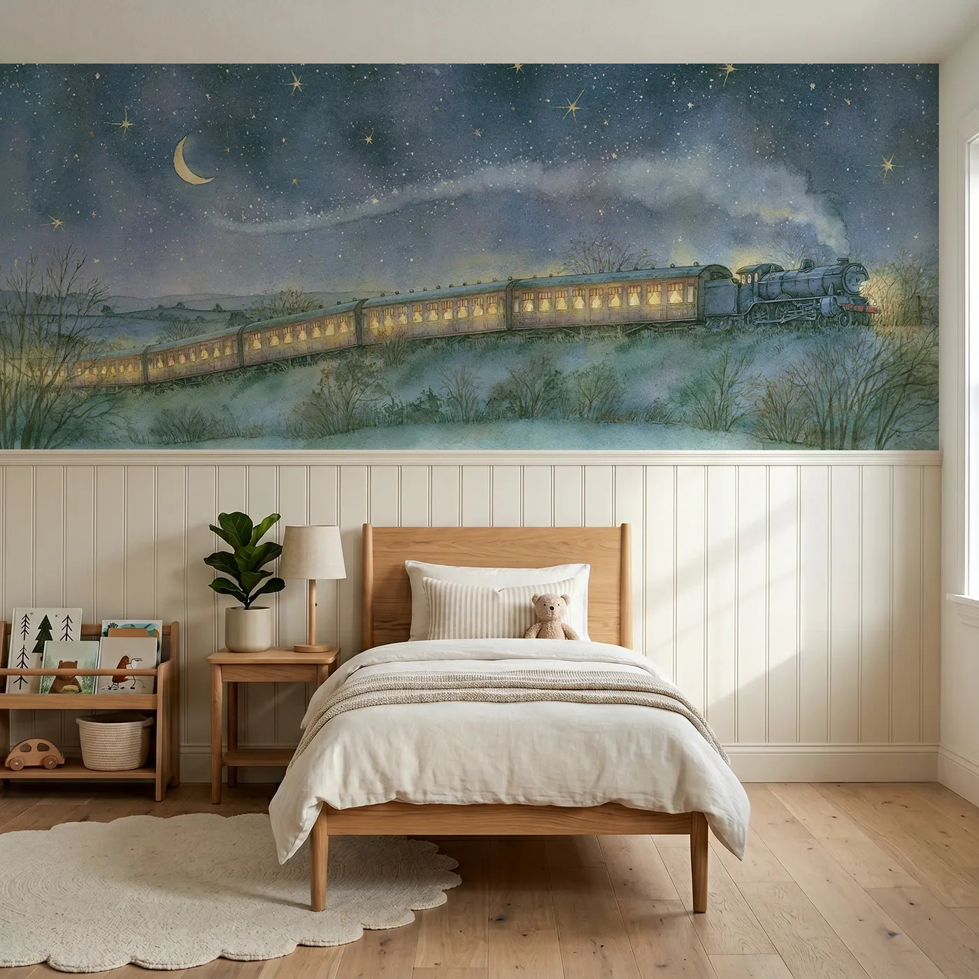 Storybook wainscoting wallpaper of a night train with glowing windows by Whimsy Tots