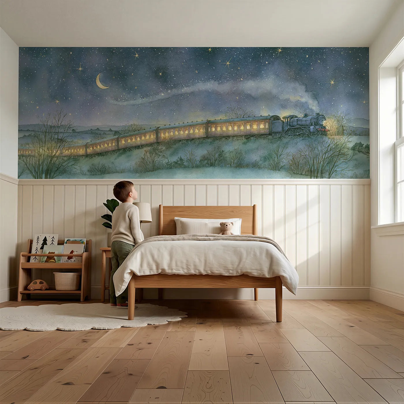 Child reading near Night Train Glowing Windows Wainscoting Wallpaper by Whimsy Tots
