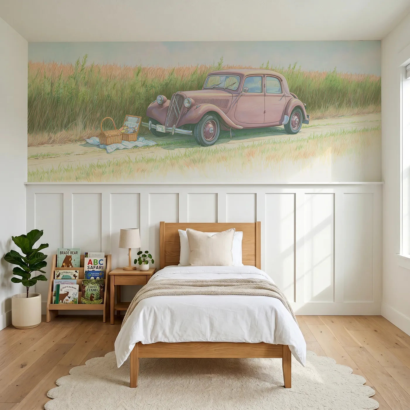 Colored pencil wainscoting wallpaper of a vintage car and lane picnic by Whimsy Tots