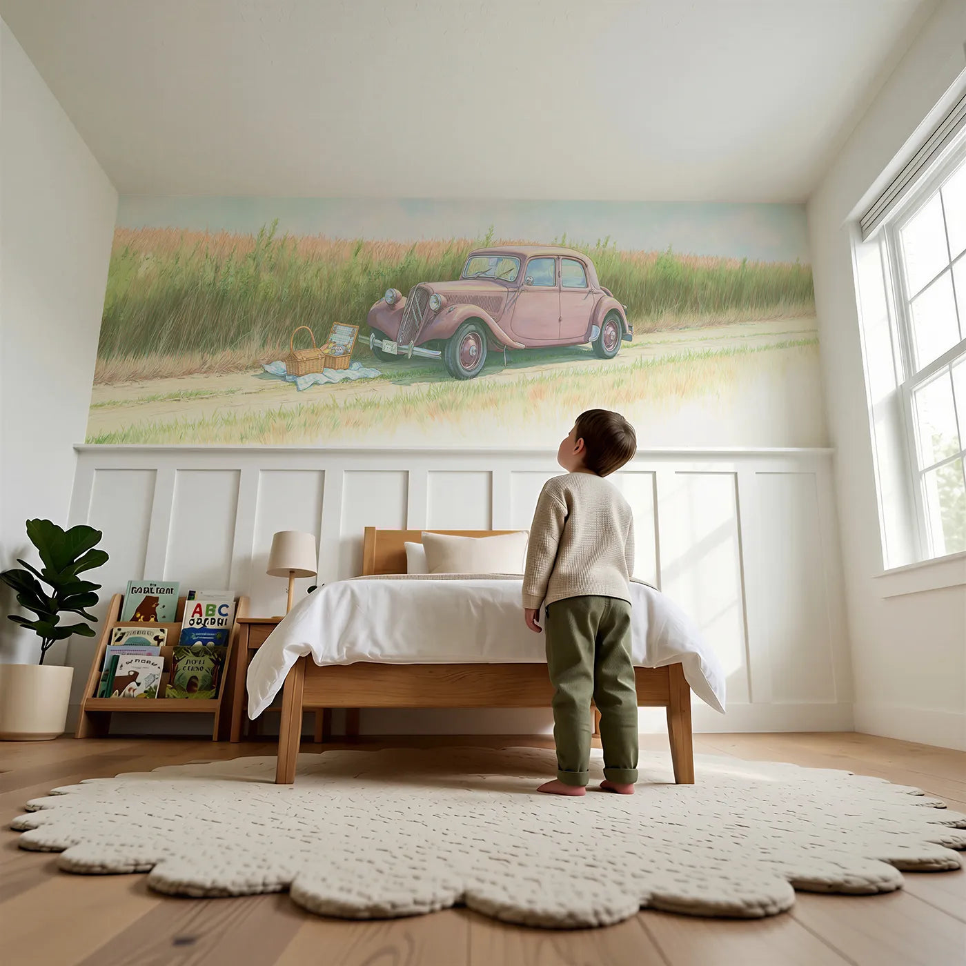 Child reading near Picnic Pause Country Lane Wainscoting Wallpaper by Whimsy Tots