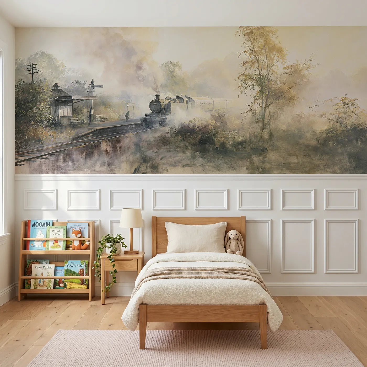 Watercolor wainscoting wallpaper of a steam engine waiting in mist by Whimsy Tots