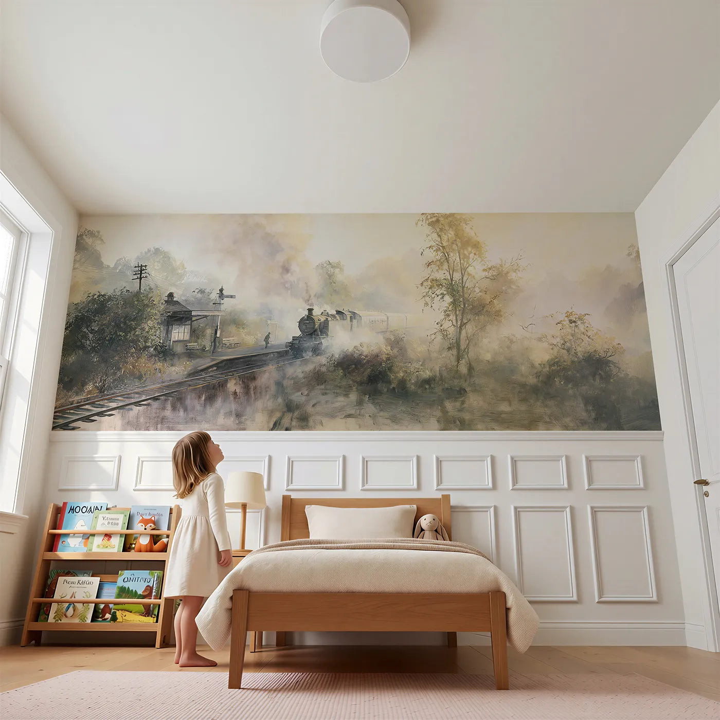 Child reading near Engine Waiting In Mist Wainscoting Wallpaper by Whimsy Tots