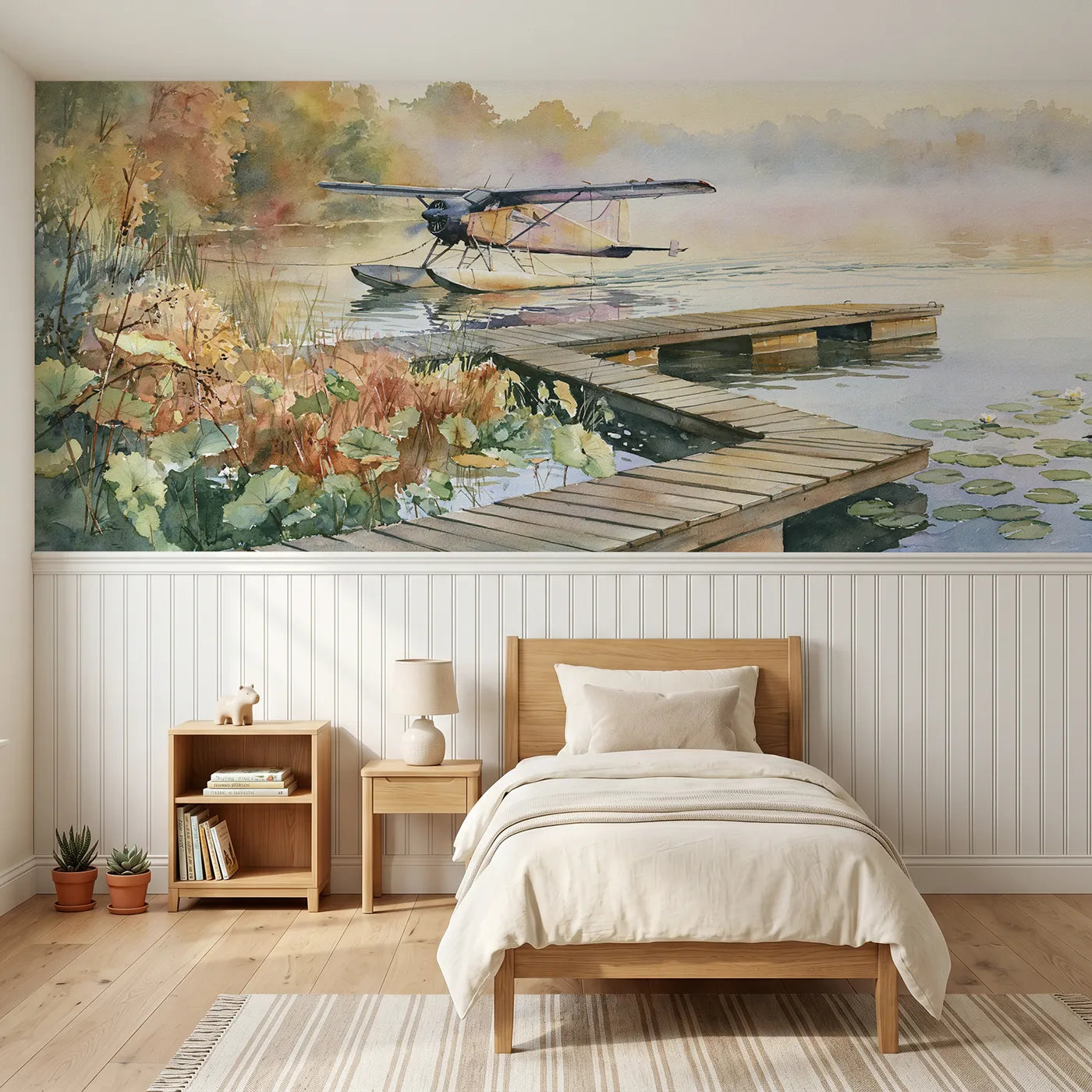 Watercolor wainscoting wallpaper of a seaplane moored at a jetty by Whimsy Tots