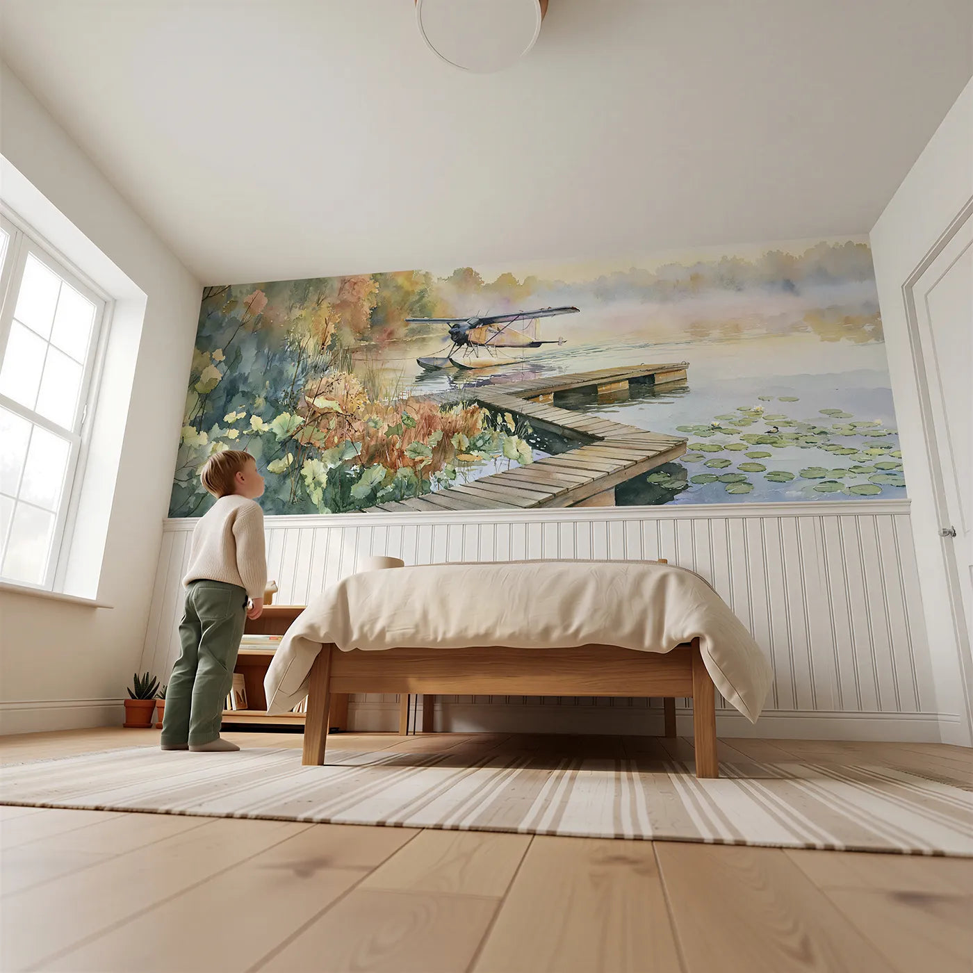 Child reading near Seaplane At The Jetty Wainscoting Wallpaper by Whimsy Tots