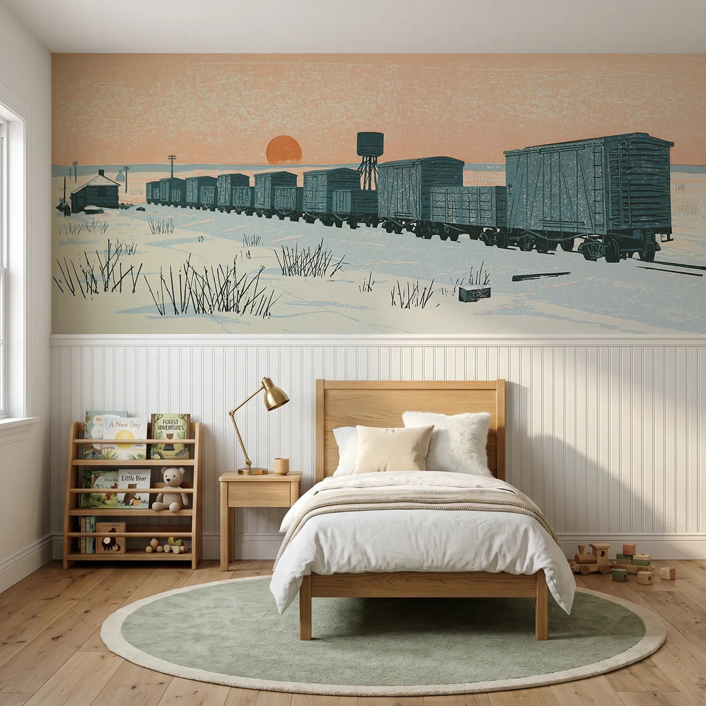 Block print wainscoting wallpaper of carved wagons in a siding by Whimsy Tots