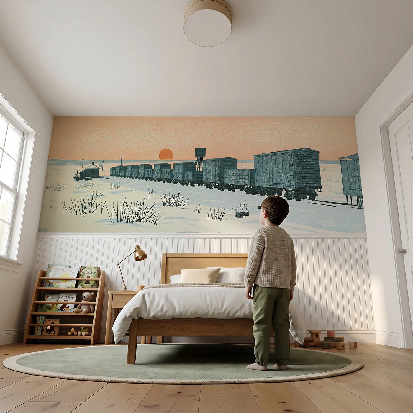 Child reading near Carved Freight Wagons Resting Wainscoting Wallpaper by Whimsy Tots