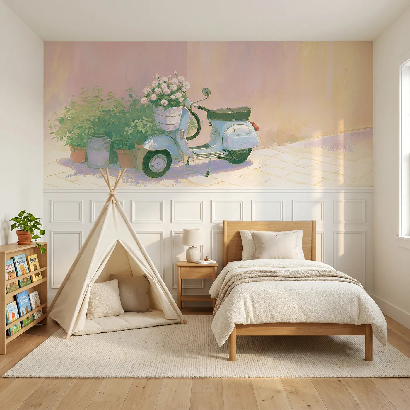 Soft pastel wainscoting wallpaper of a scooter with a flower basket by Whimsy Tots