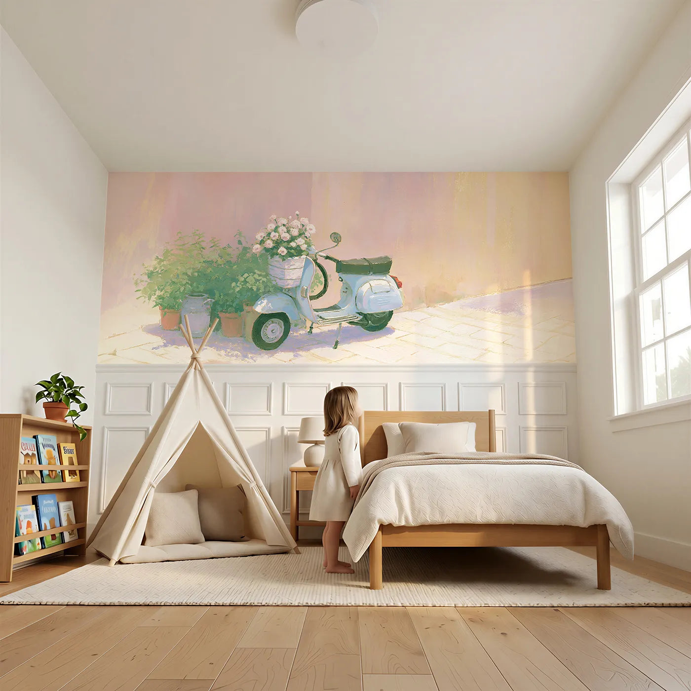 Child reading near Scooter Basket Of Blooms Wainscoting Wallpaper by Whimsy Tots