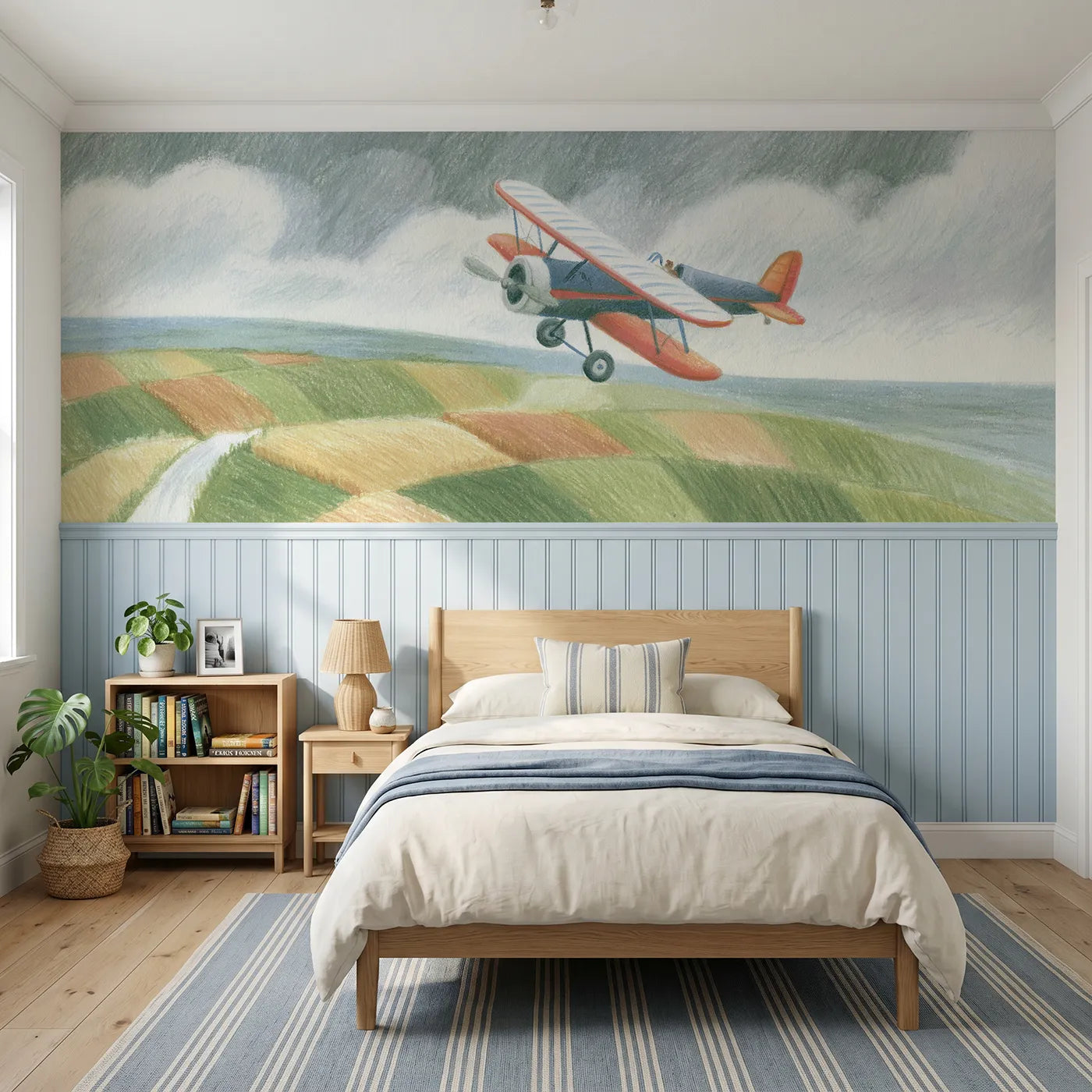 Colored pencil wainscoting wallpaper of a biplane banking over fields by Whimsy Tots