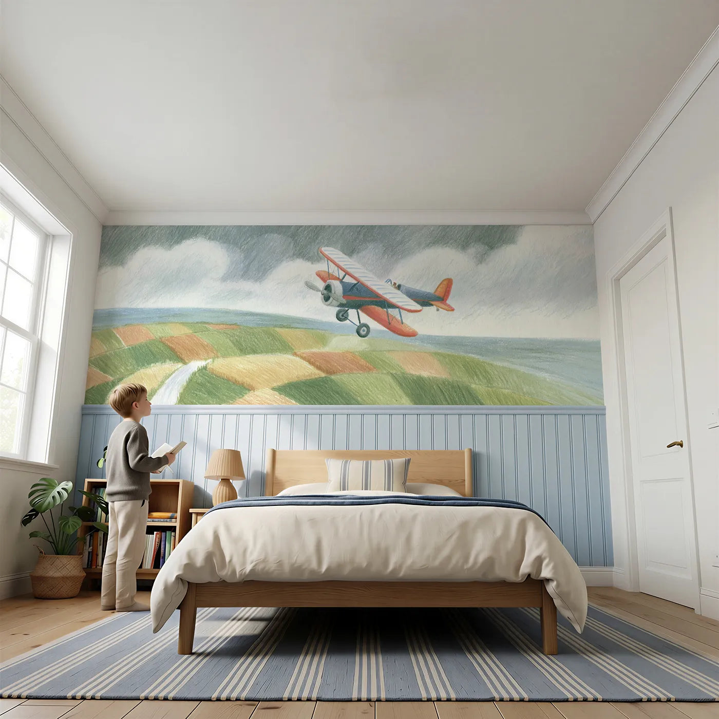 Child reading near Banking Over The Fields Wainscoting Wallpaper by Whimsy Tots