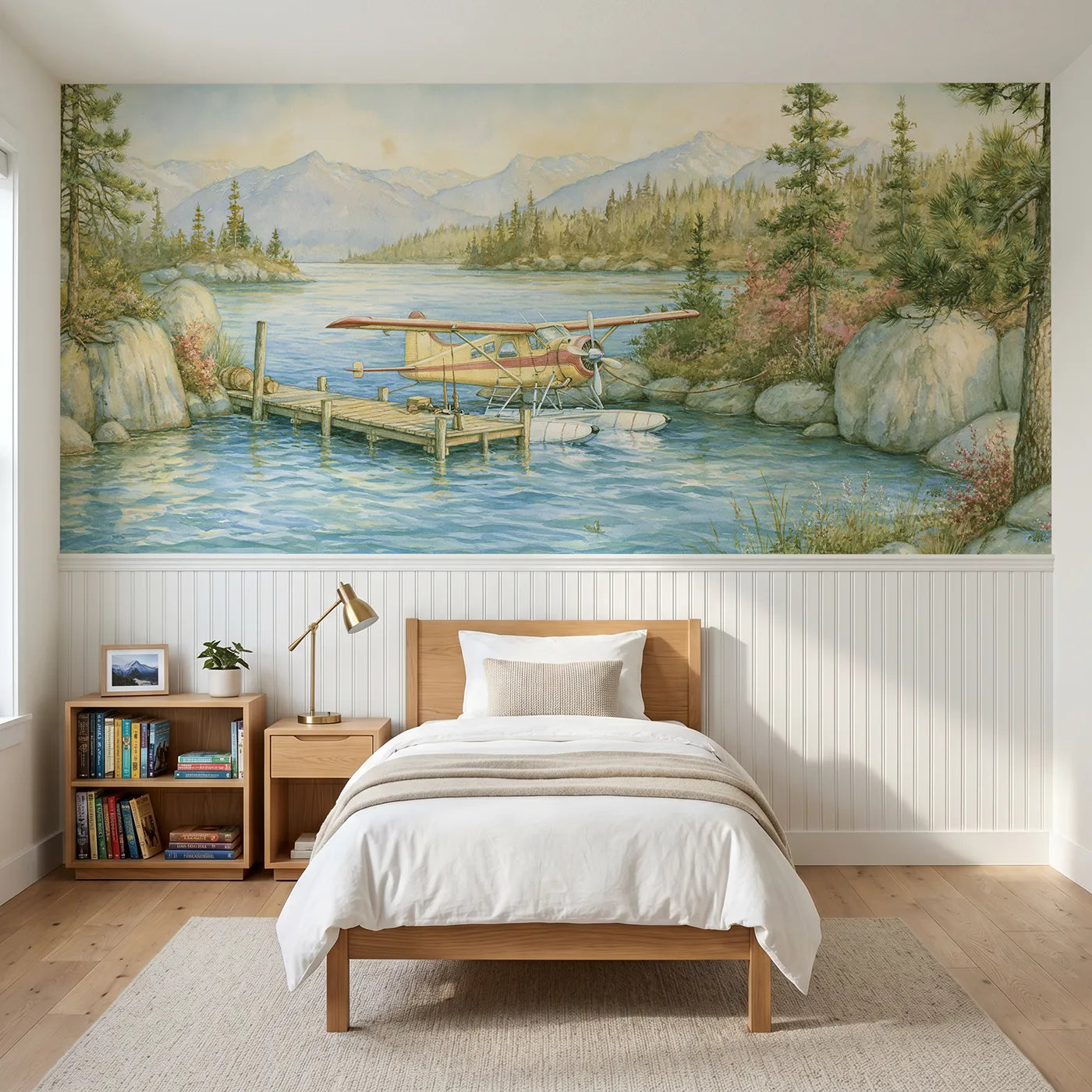 Storybook wainscoting wallpaper of a seaplane on a bright lake by Whimsy Tots