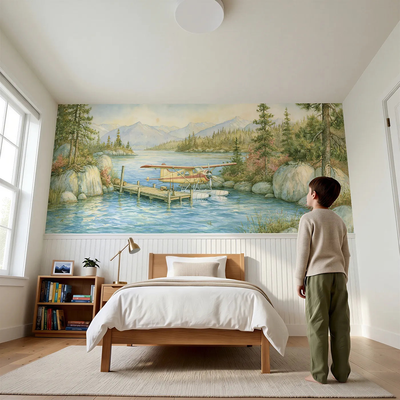 Child reading near Seaplane On The Bright Lake Wainscoting Wallpaper by Whimsy Tots