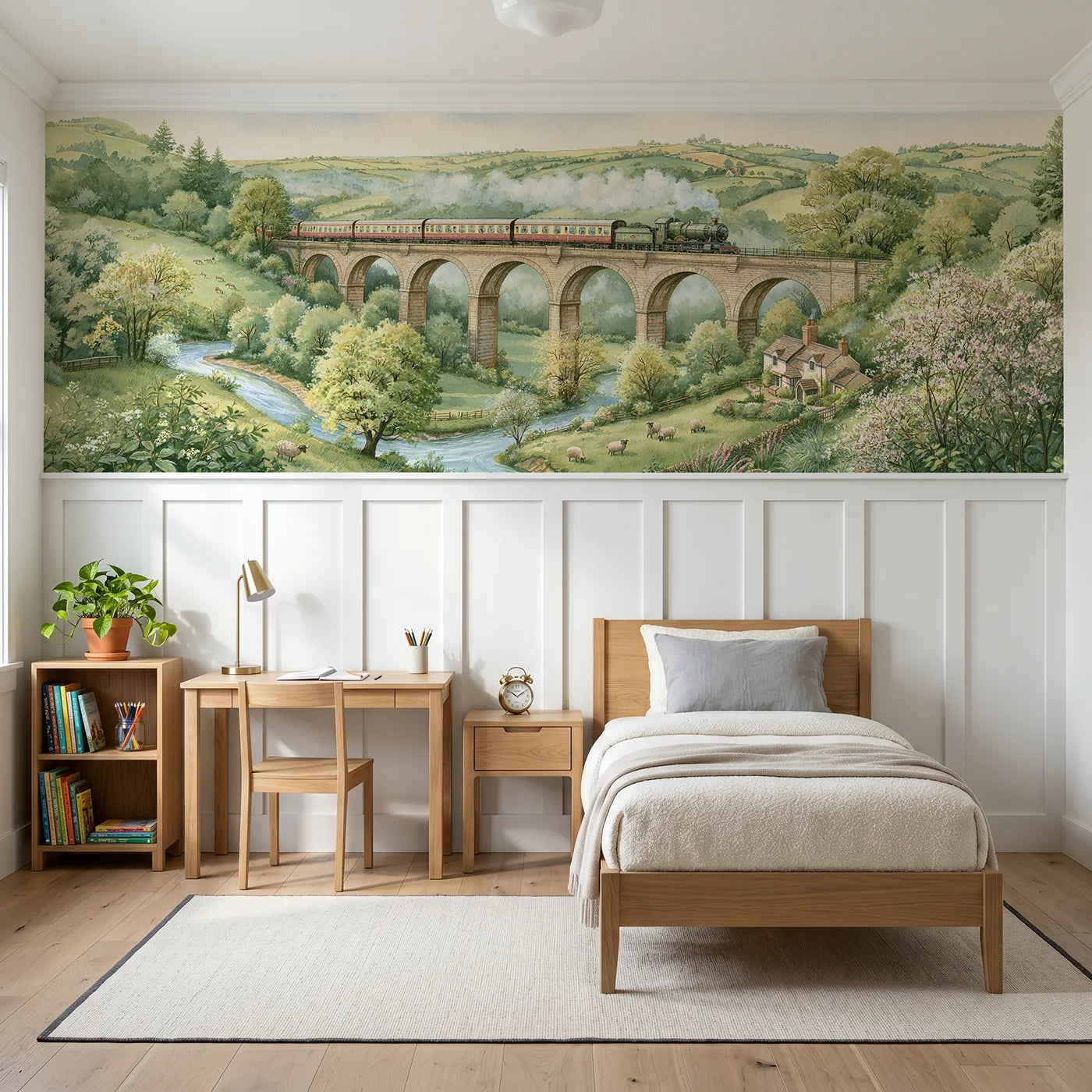 Storybook wainscoting wallpaper of a train crossing a stone viaduct by Whimsy Tots