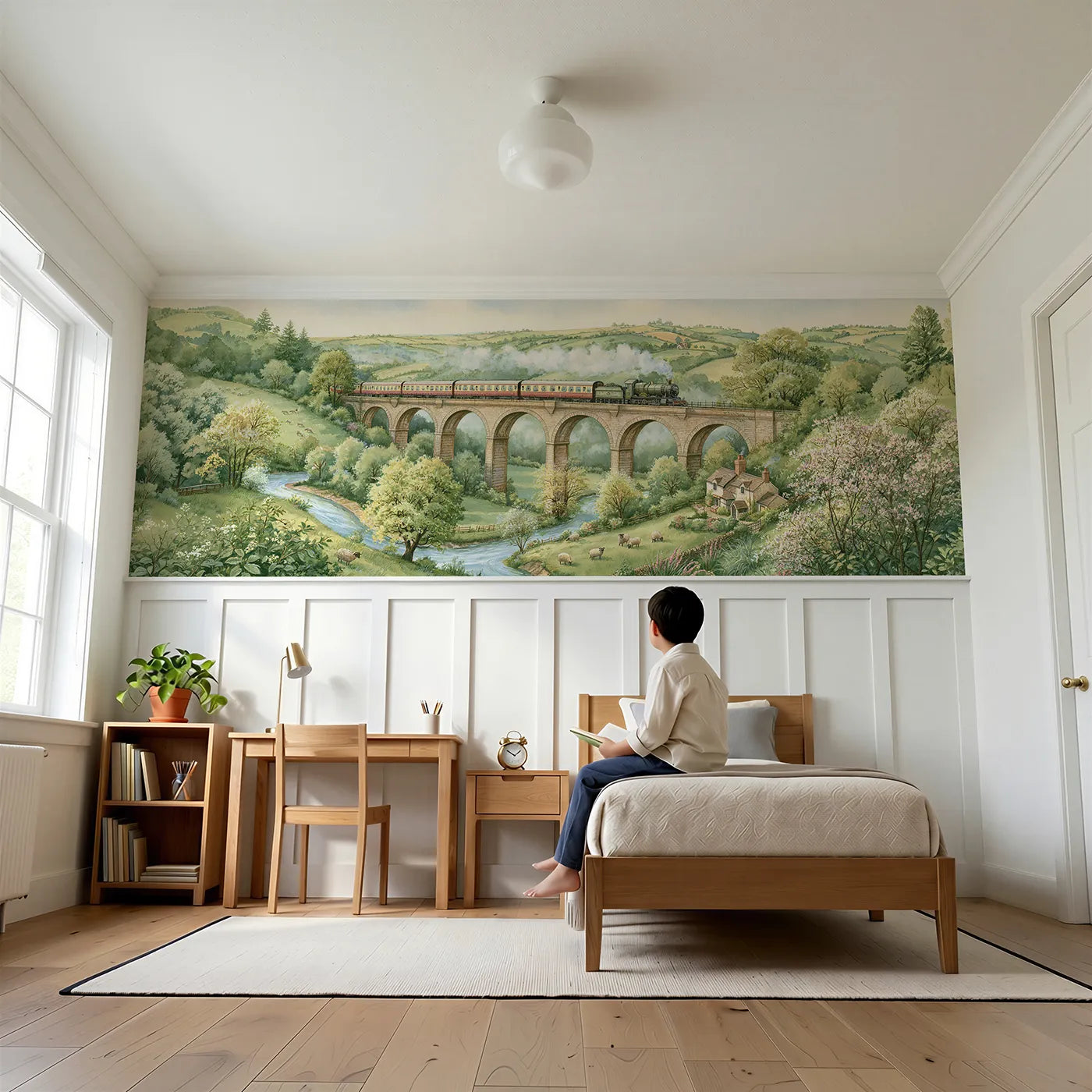 Child reading near Steam Train On The Viaduct Wainscoting Wallpaper by Whimsy Tots