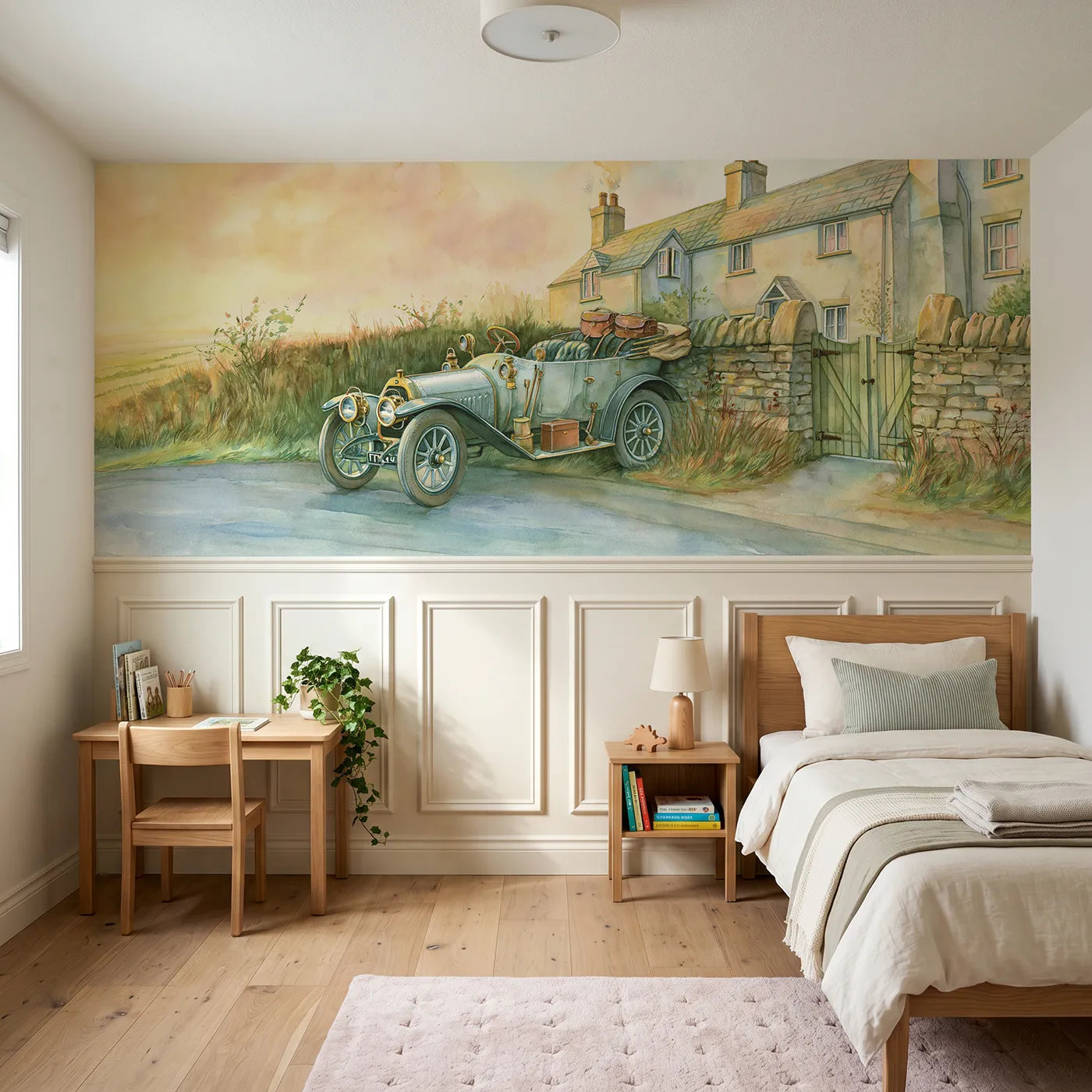 Storybook wainscoting wallpaper of a vintage car setting off at dawn by Whimsy Tots