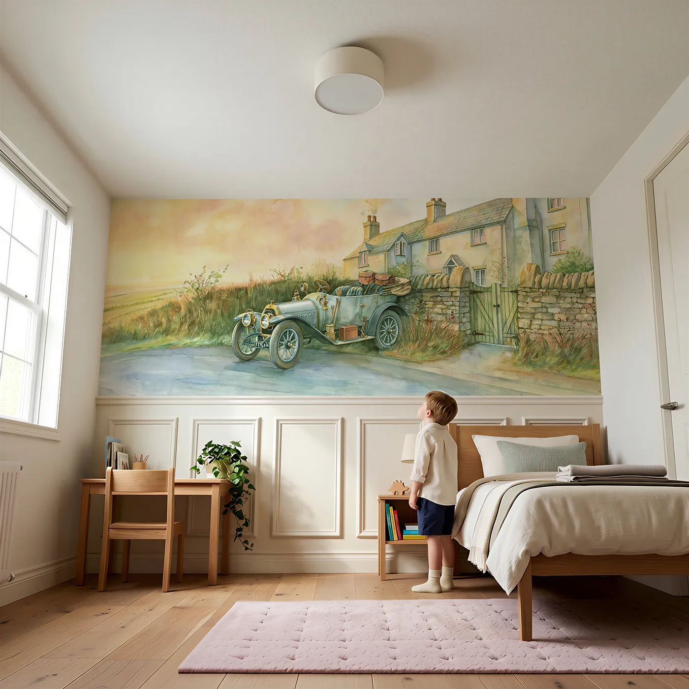 Child reading near Setting Off At Dawn Wainscoting Wallpaper by Whimsy Tots