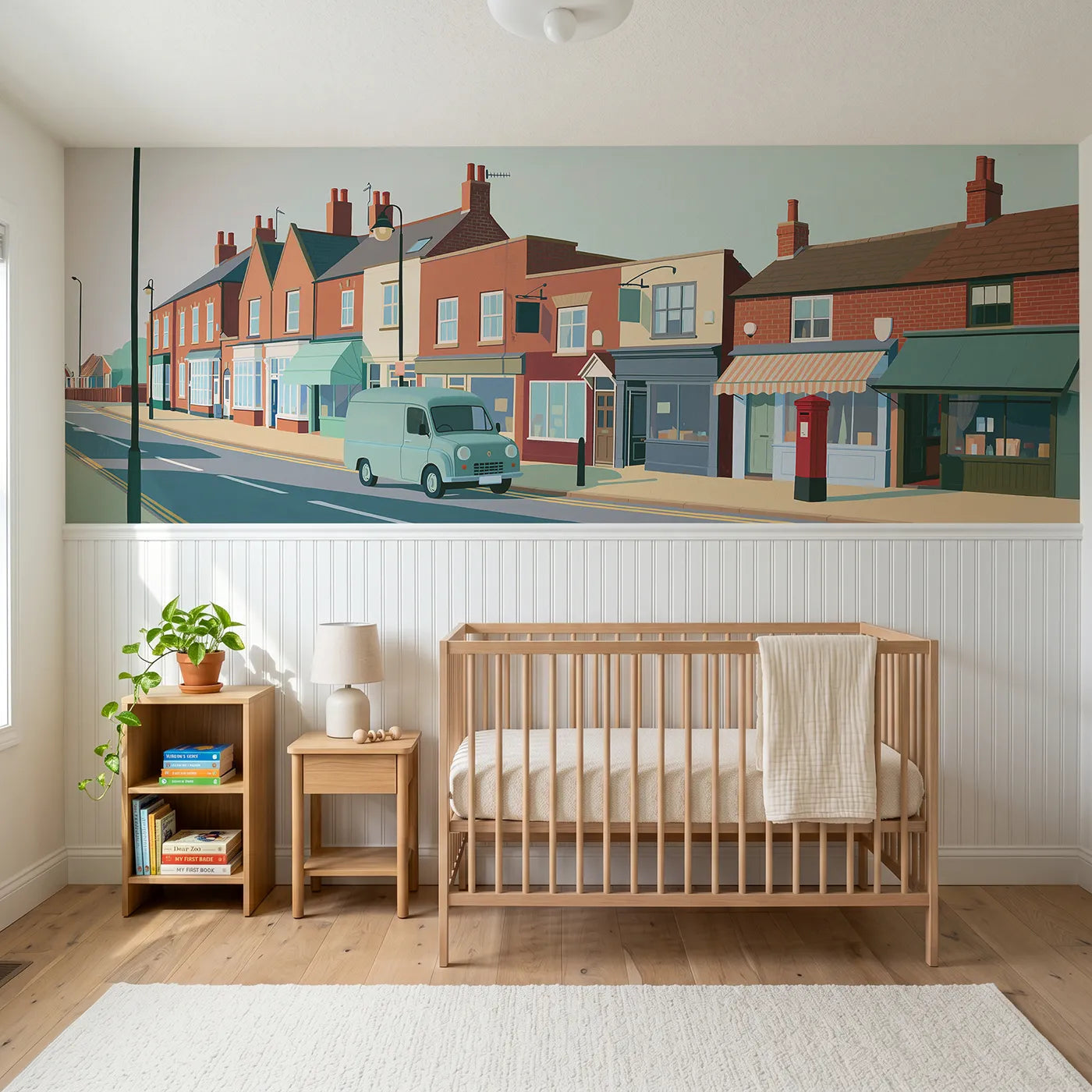 Modern illustration wainscoting wallpaper of a little delivery van by Whimsy Tots