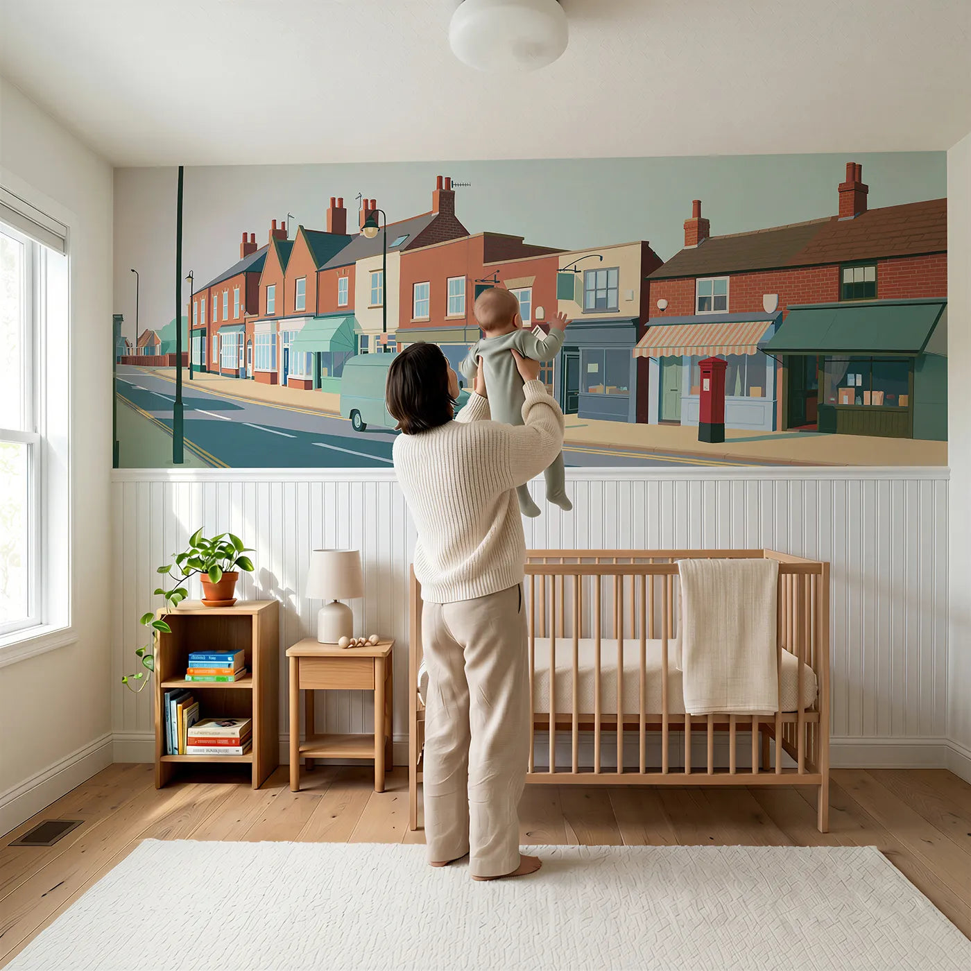 Child reading near Little Van Morning Round Wainscoting Wallpaper by Whimsy Tots