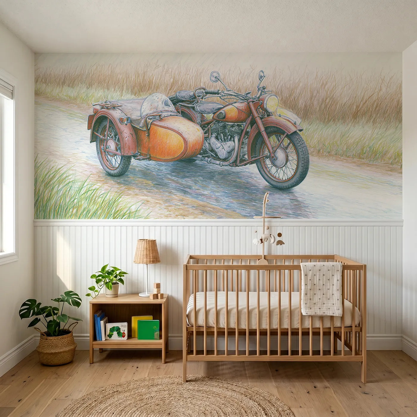 Colored pencil wainscoting wallpaper of a motorcycle with a sidecar by Whimsy Tots