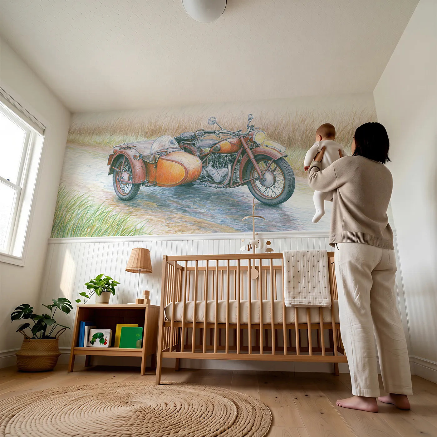 Child reading near Sidecar On Shining Lane Wainscoting Wallpaper by Whimsy Tots