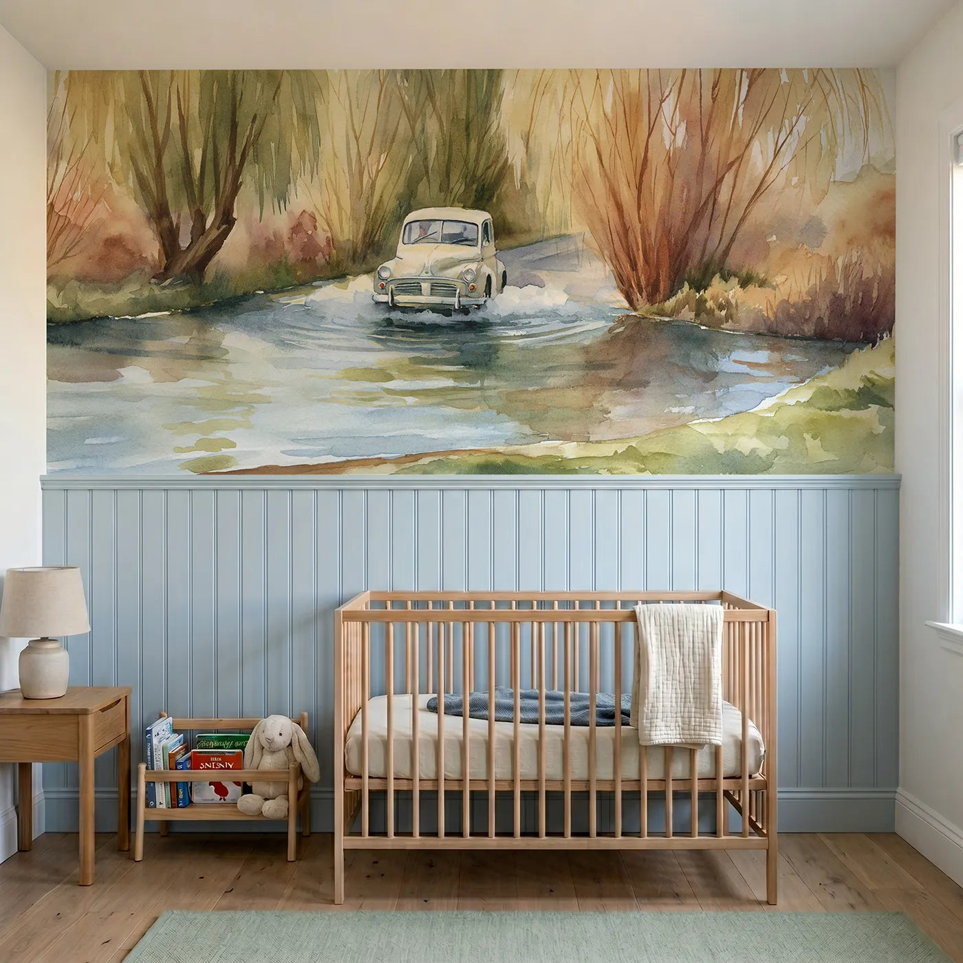 Watercolor wainscoting wallpaper of a car crossing a shallow ford by Whimsy Tots