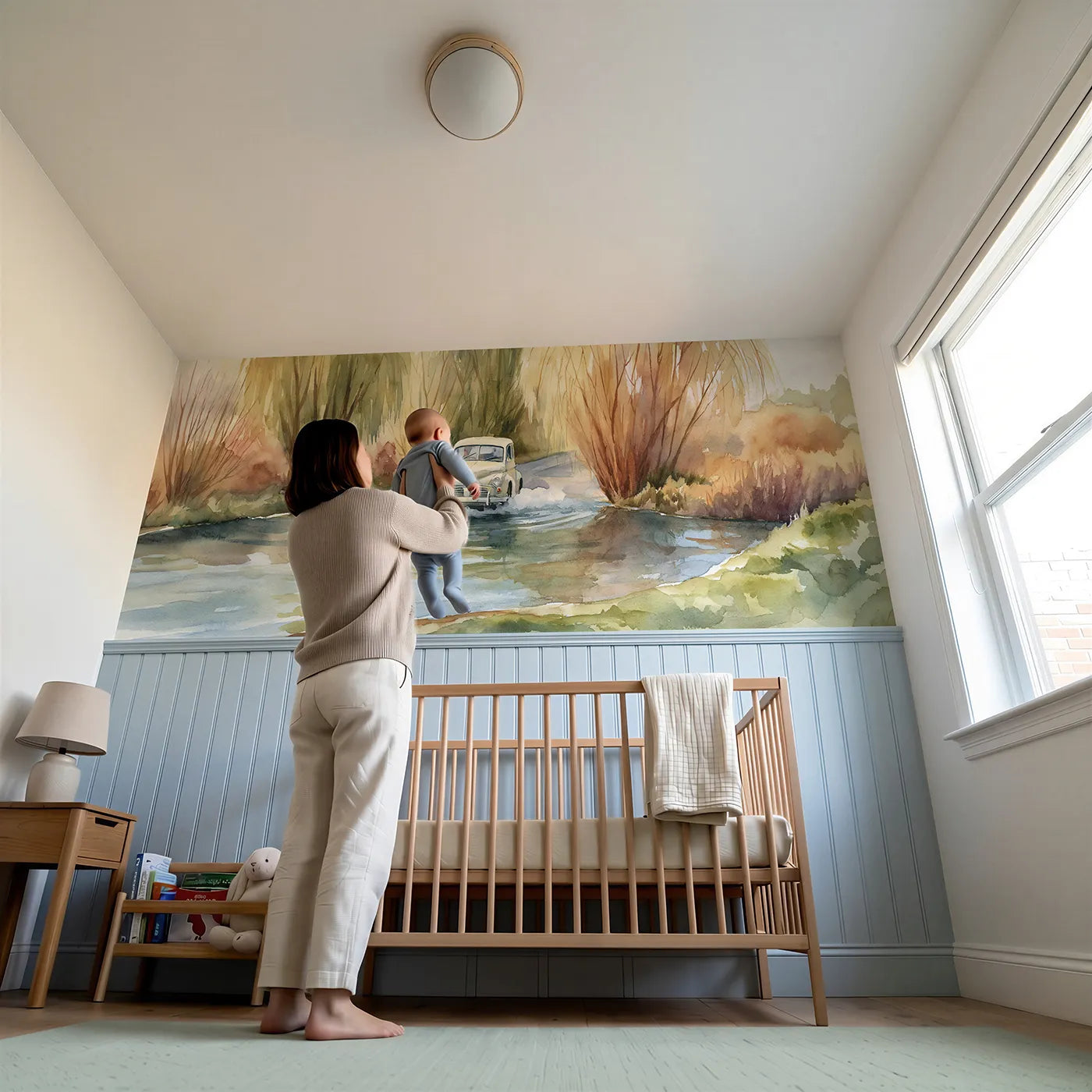 Child reading near Ford Crossing Gentle Splash Wainscoting Wallpaper by Whimsy Tots