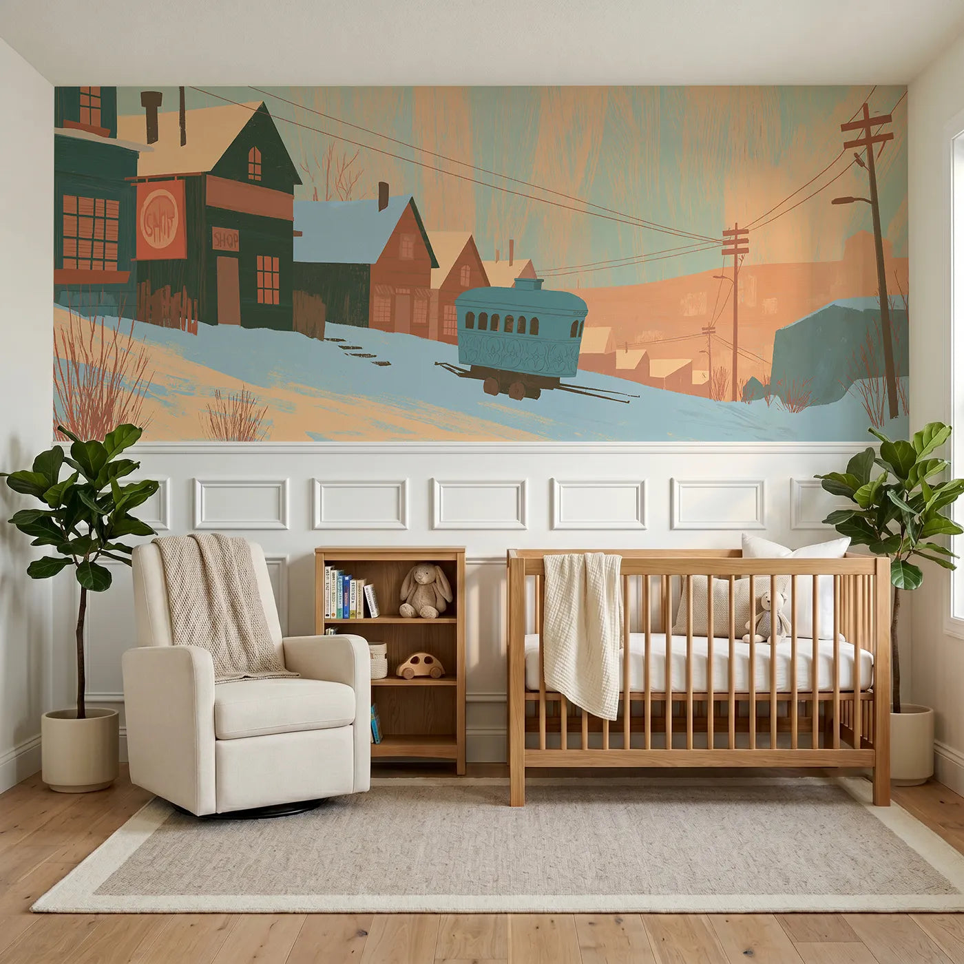 Block print wainscoting wallpaper of a carved trolley climbing a hill by Whimsy Tots
