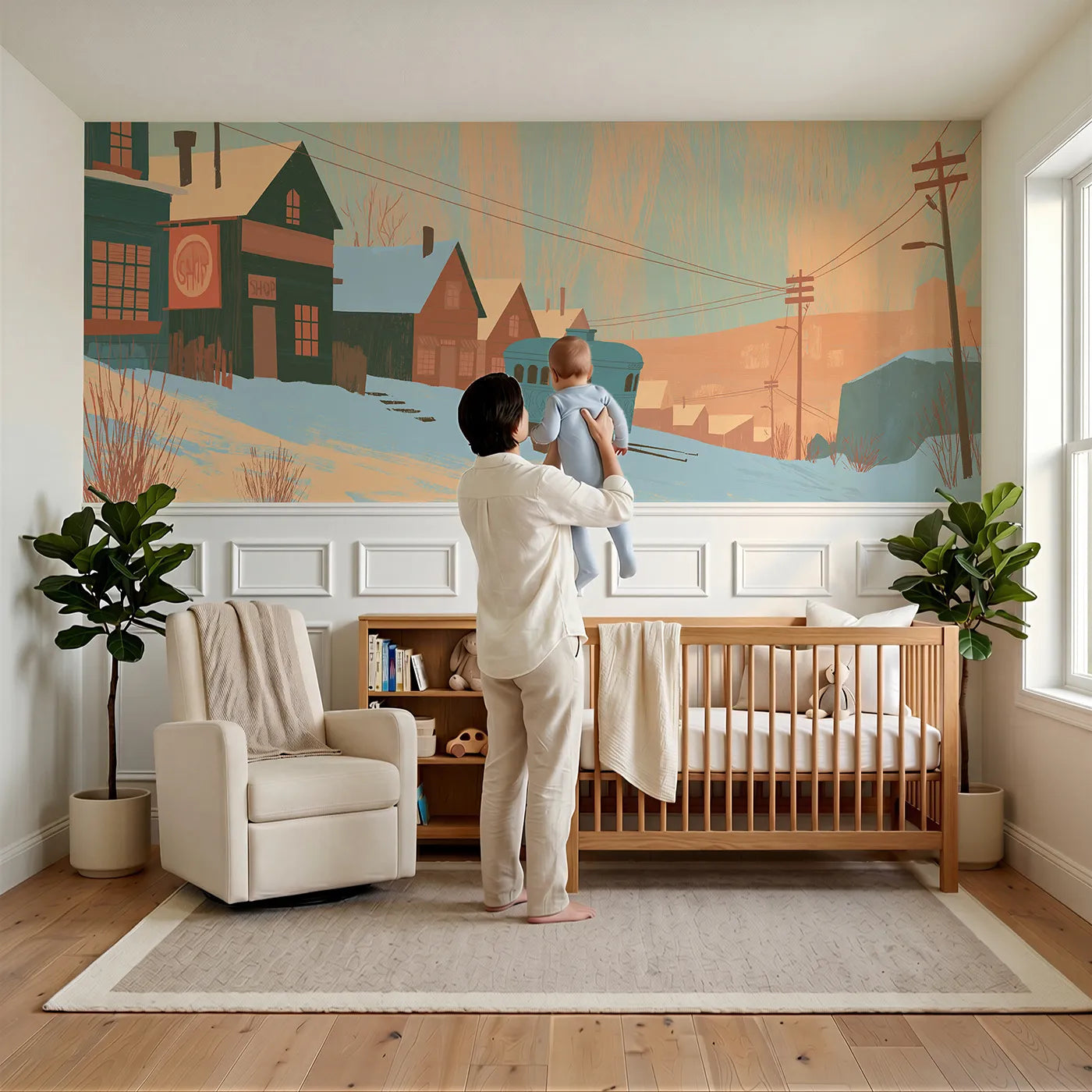 Child reading near Carved Trolley Up The Hill Wainscoting Wallpaper by Whimsy Tots