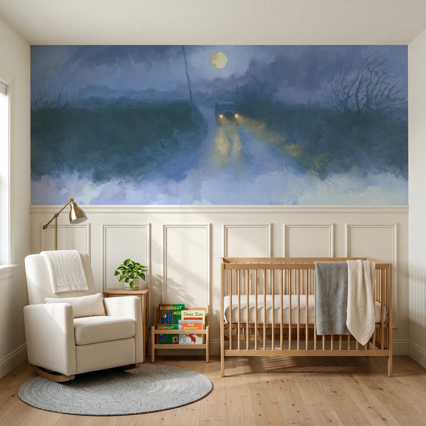 Soft pastel wainscoting wallpaper of headlamps on a dark lane by Whimsy Tots