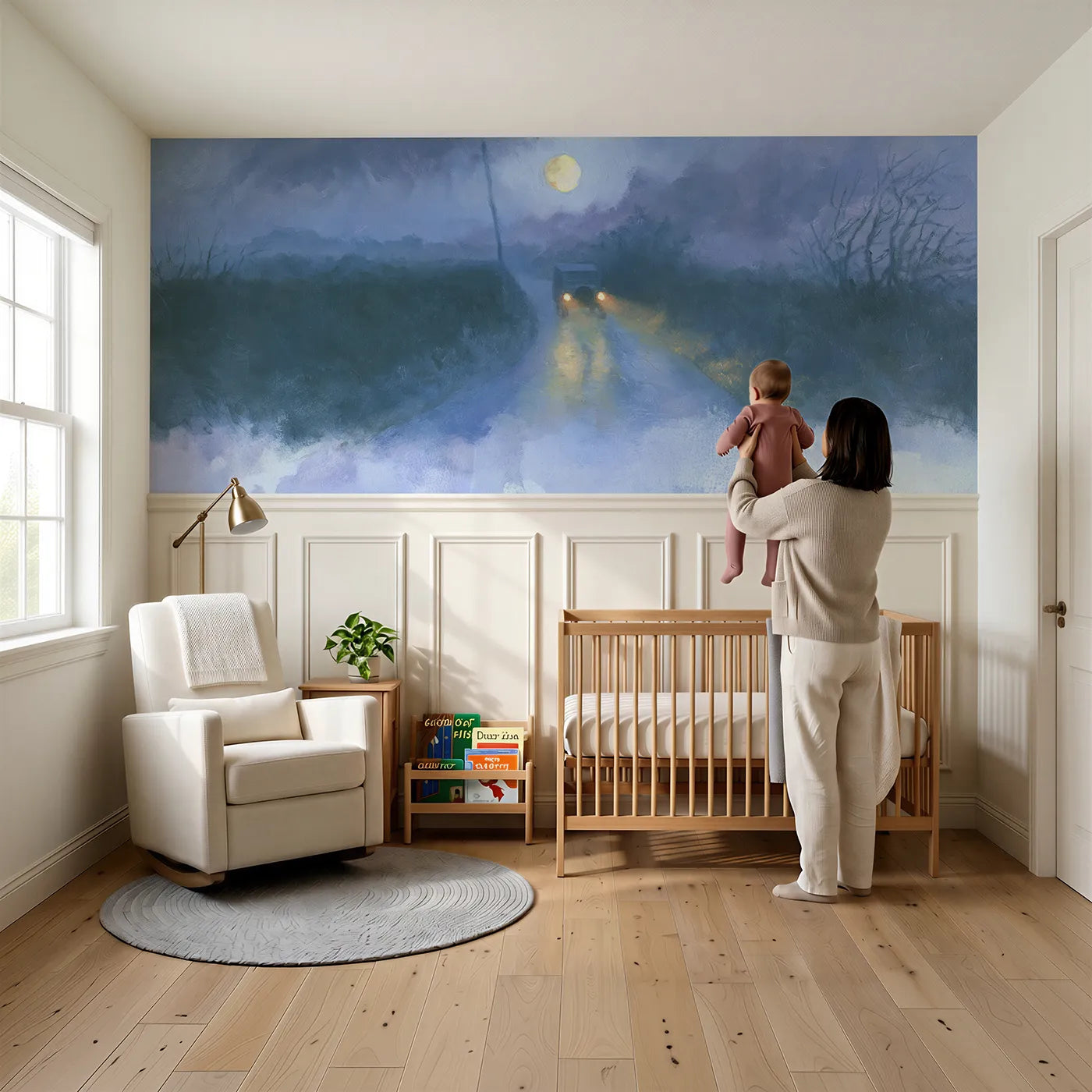 Child reading near Headlamps On The Lane Wainscoting Wallpaper by Whimsy Tots