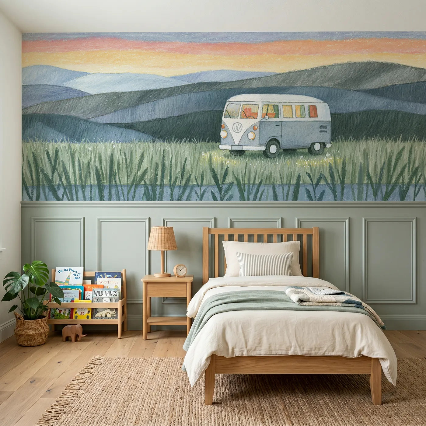 Colored pencil wainscoting wallpaper of a camper bus at dawn meadow by Whimsy Tots