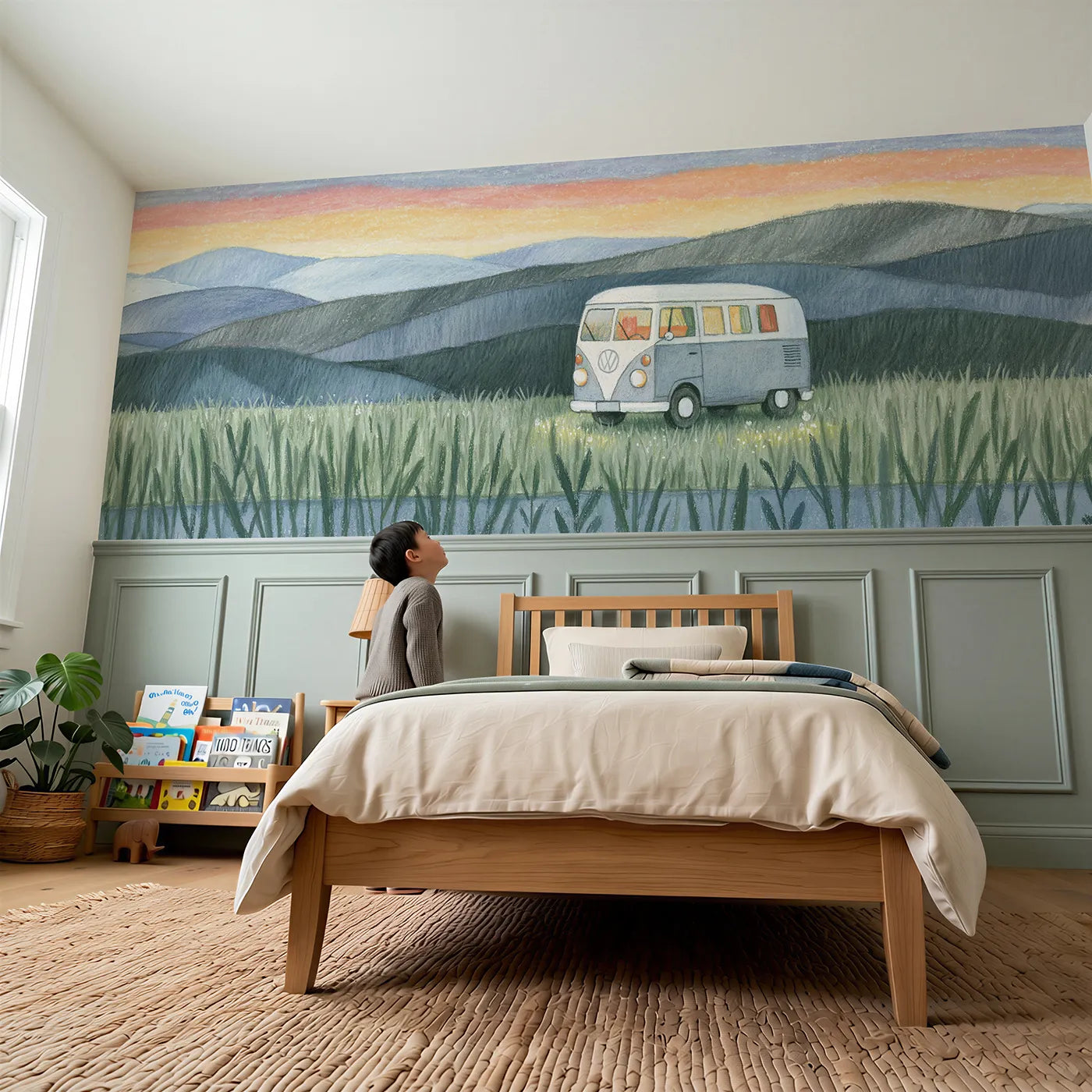 Child reading near Camper Bus Meadow Dawn Wainscoting Wallpaper by Whimsy Tots